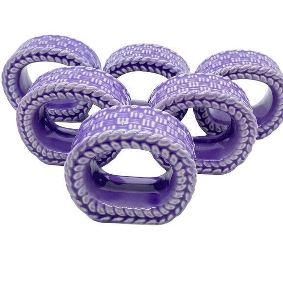 Napkin Rings Vintage Purple Ceramic Geometric Decorative Basket Weave Set Of Six - Picture 2 of 16